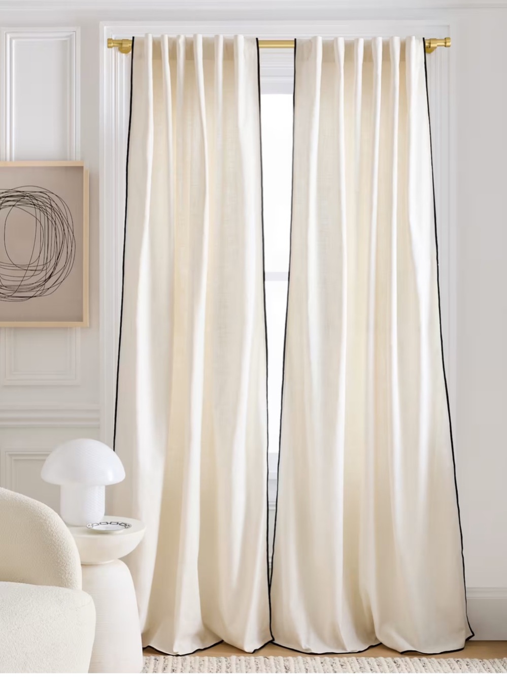 Piped Edge Cotton Curtain - Panel Ivory Black Piping Set of 2 Single Panels